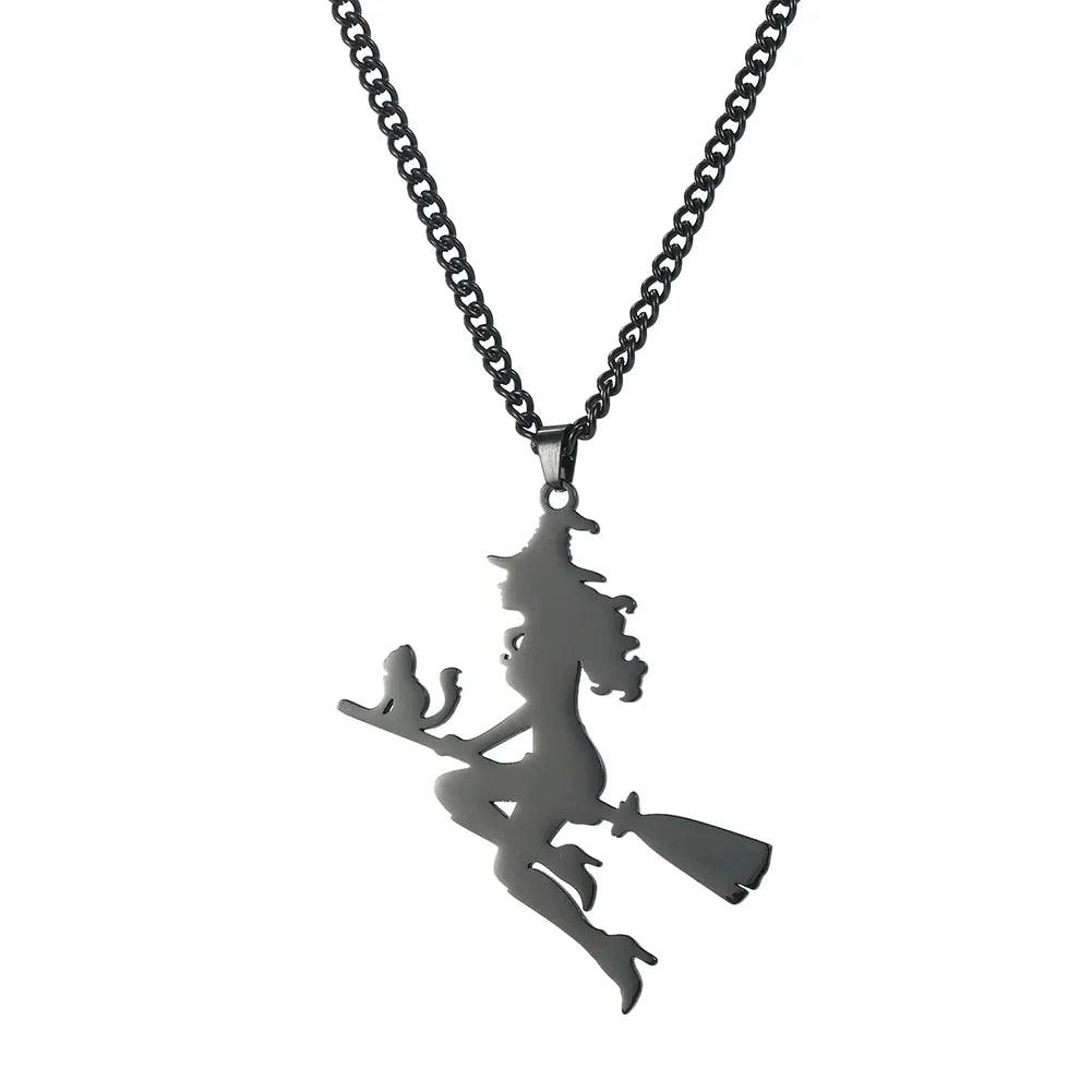 Stainless Steel Witch on broom and cat Pendant Necklace Gold/Solver/Black - Just Cats - Gifts for Cat Lovers