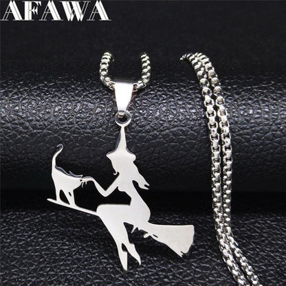 Stainless Steel Witch on broom and cat Silhouette Pendant Necklace Gold/Silver/Black - Just Cats - Gifts for Cat Lovers