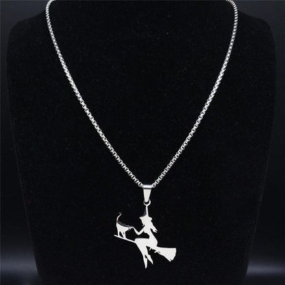 Stainless Steel Witch on broom and cat Silhouette Pendant Necklace Gold/Silver/Black - Just Cats - Gifts for Cat Lovers