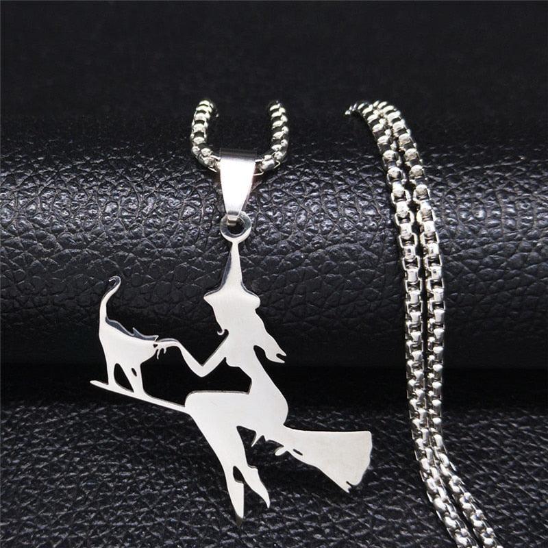 Stainless Steel Witch on broom and cat Silhouette Pendant Necklace Gold/Silver/Black - Just Cats - Gifts for Cat Lovers