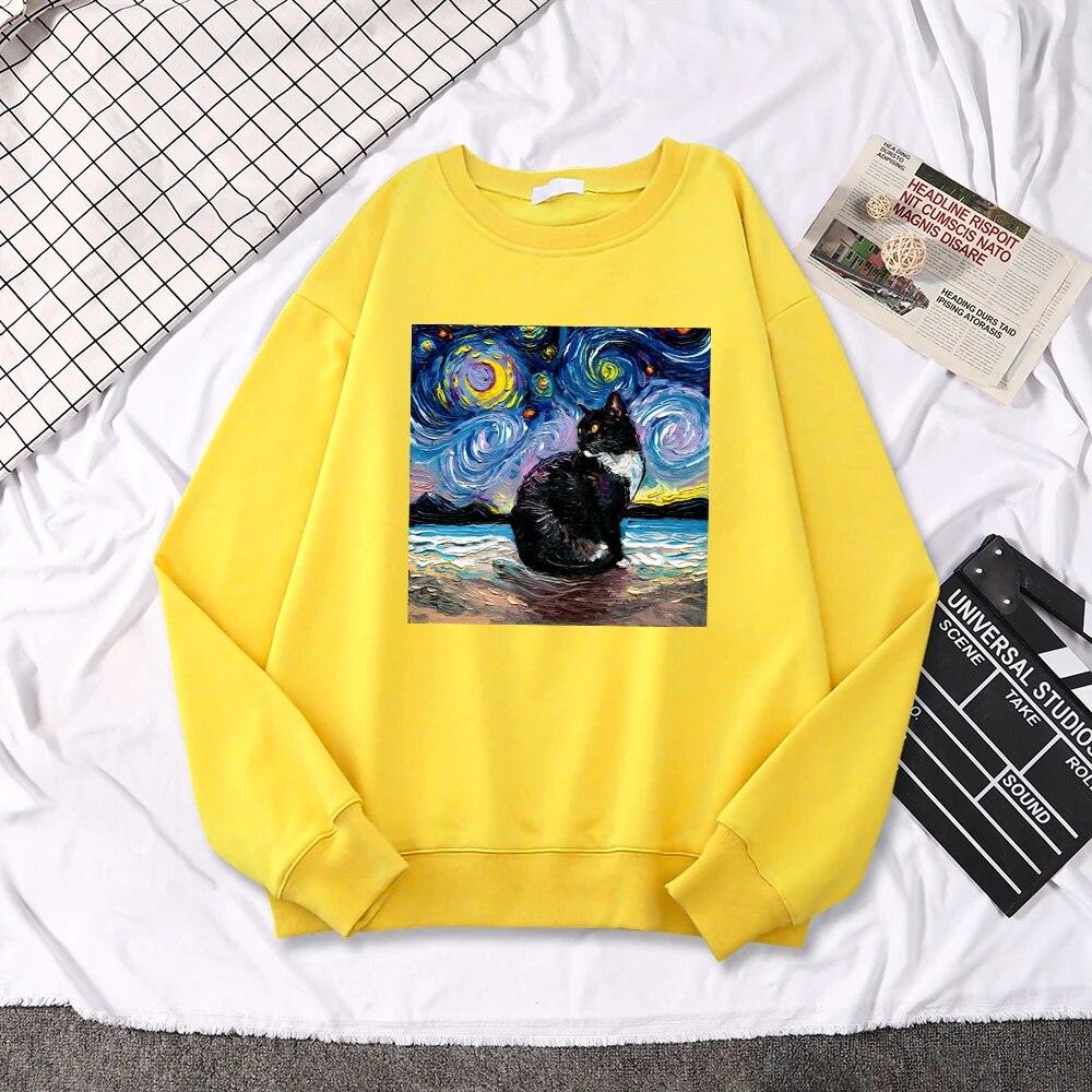 Starry Night Cat Painting Sweatshirt, 10 Colors, S-XXL - Just Cats - Gifts for Cat Lovers