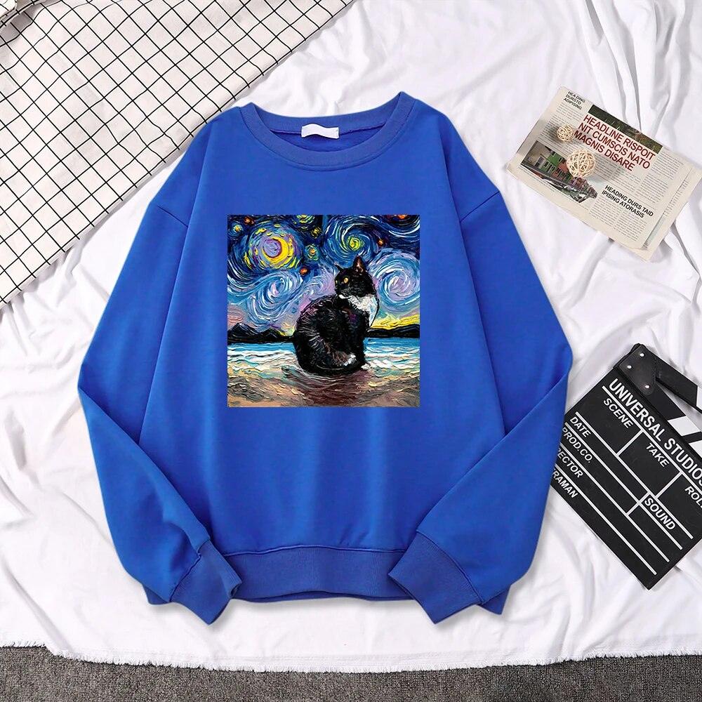 Starry Night Cat Painting Sweatshirt, 10 Colors, S-XXL - Just Cats - Gifts for Cat Lovers