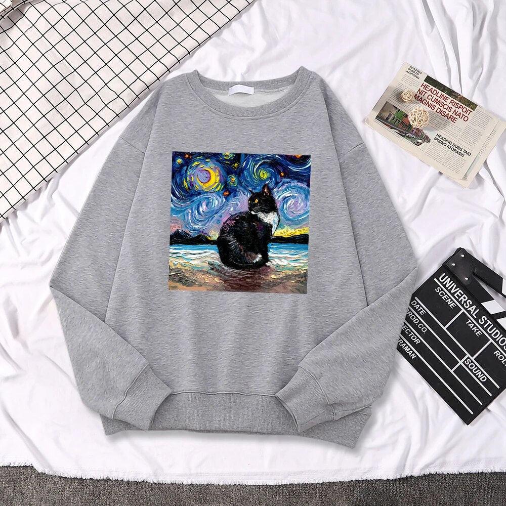 Starry Night Cat Painting Sweatshirt, 10 Colors, S-XXL - Just Cats - Gifts for Cat Lovers