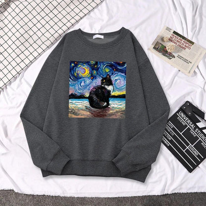 Starry Night Cat Painting Sweatshirt, 10 Colors, S-XXL - Just Cats - Gifts for Cat Lovers