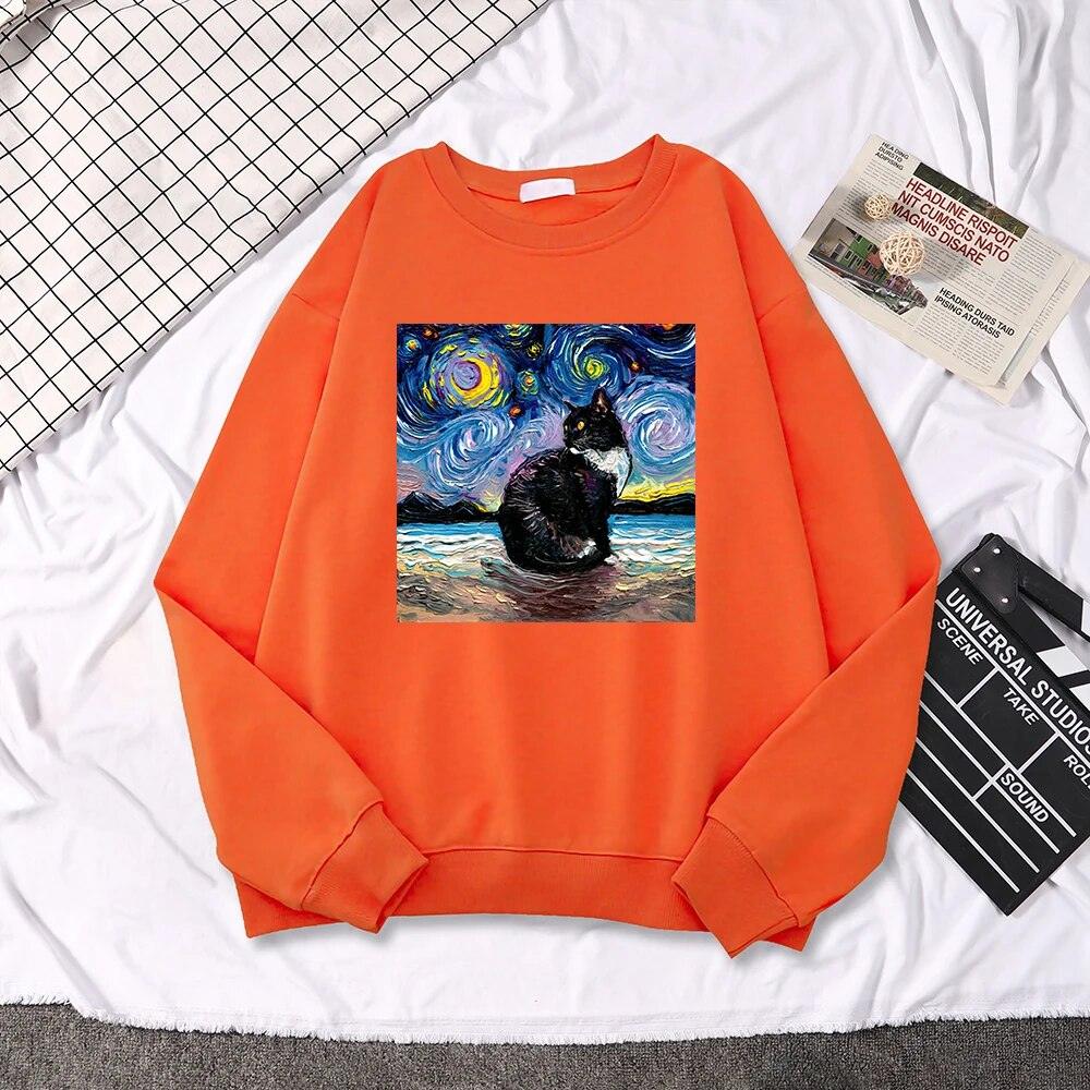 Starry Night Cat Painting Sweatshirt, 10 Colors, S-XXL - Just Cats - Gifts for Cat Lovers