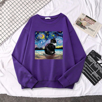 Starry Night Cat Painting Sweatshirt, 10 Colors, S-XXL - Just Cats - Gifts for Cat Lovers