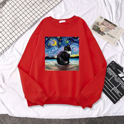 Starry Night Cat Painting Sweatshirt, 10 Colors, S-XXL - Just Cats - Gifts for Cat Lovers