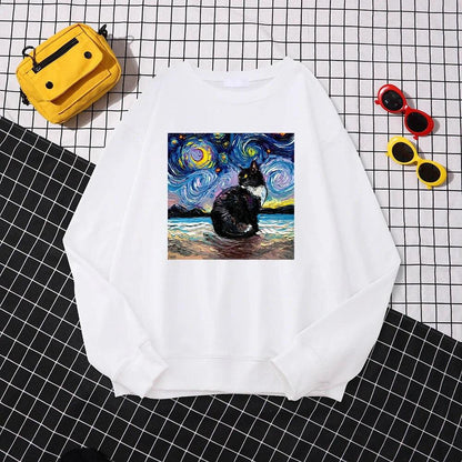 Starry Night Cat Painting Sweatshirt, 10 Colors, S-XXL - Just Cats - Gifts for Cat Lovers