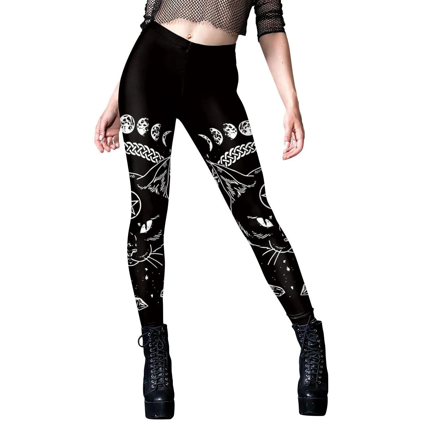 Various Gothic Cat Print Leggings, Black, S-XL - Just Cats - Gifts for Cat Lovers