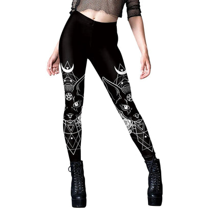 Various Gothic Cat Print Leggings, Black, S-XL - Just Cats - Gifts for Cat Lovers