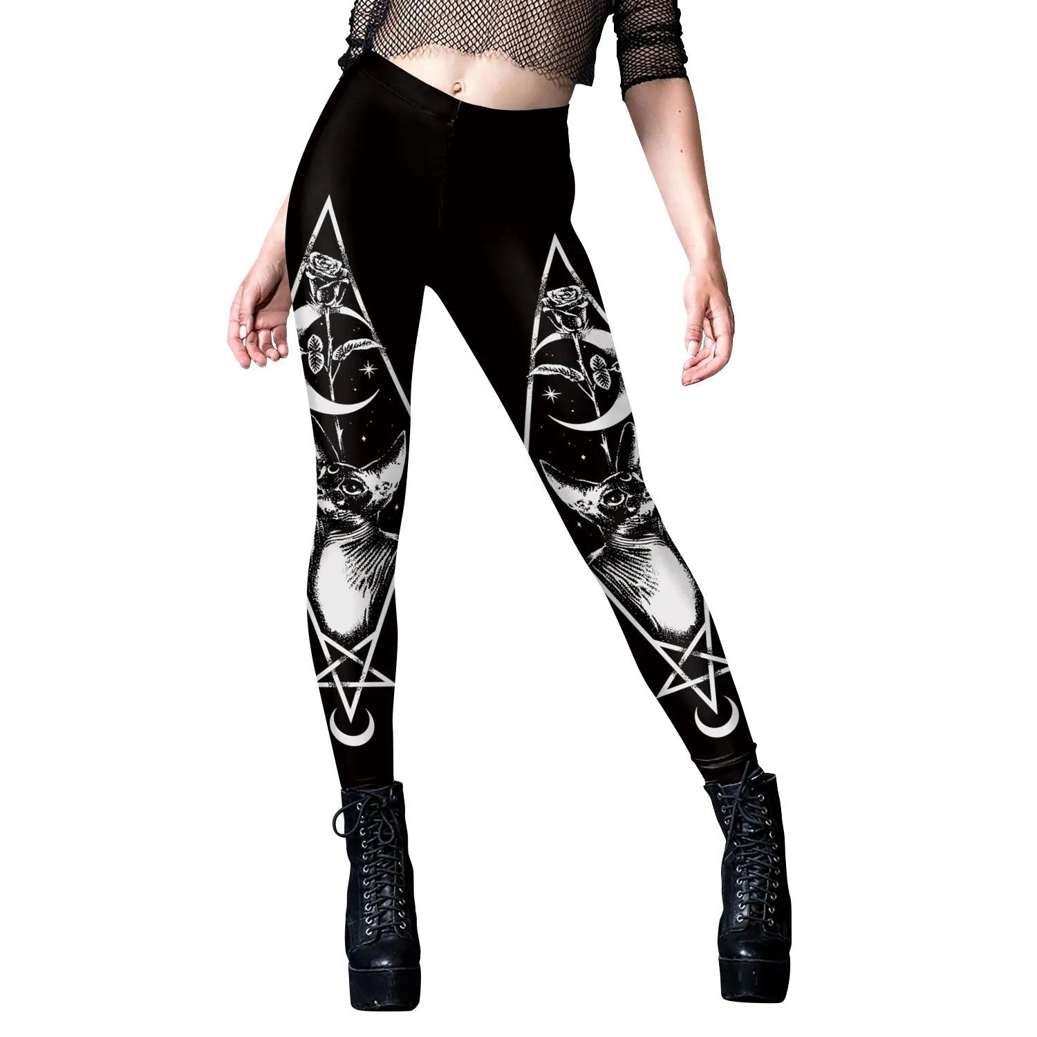 Various Gothic Cat Print Leggings, Black, S-XL - Just Cats - Gifts for Cat Lovers