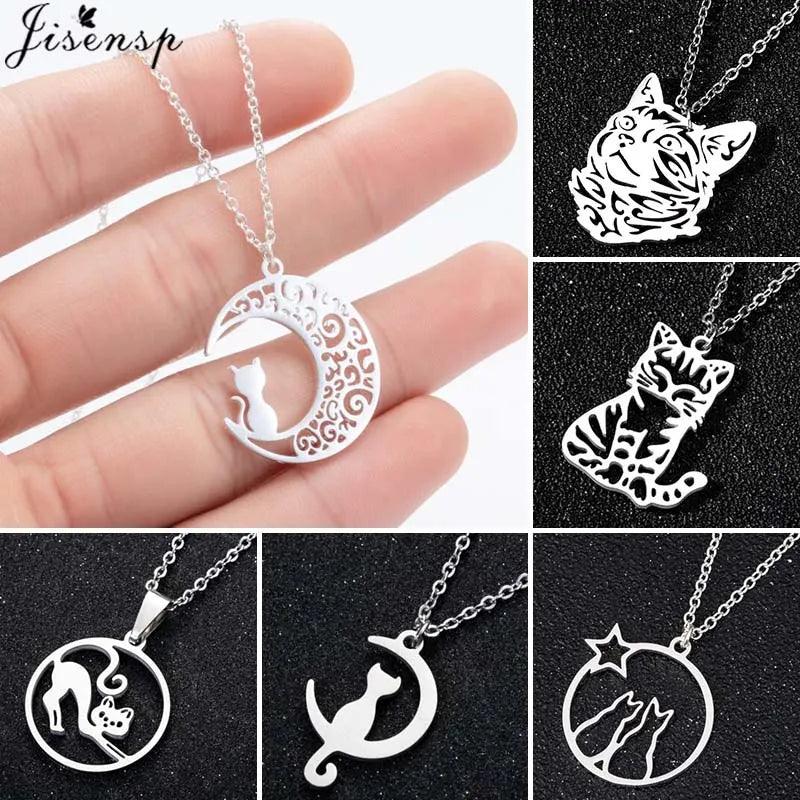 Various Stainless Steel Cat Necklaces, Silver/Gold, 10 designs - Just Cats - Gifts for Cat Lovers