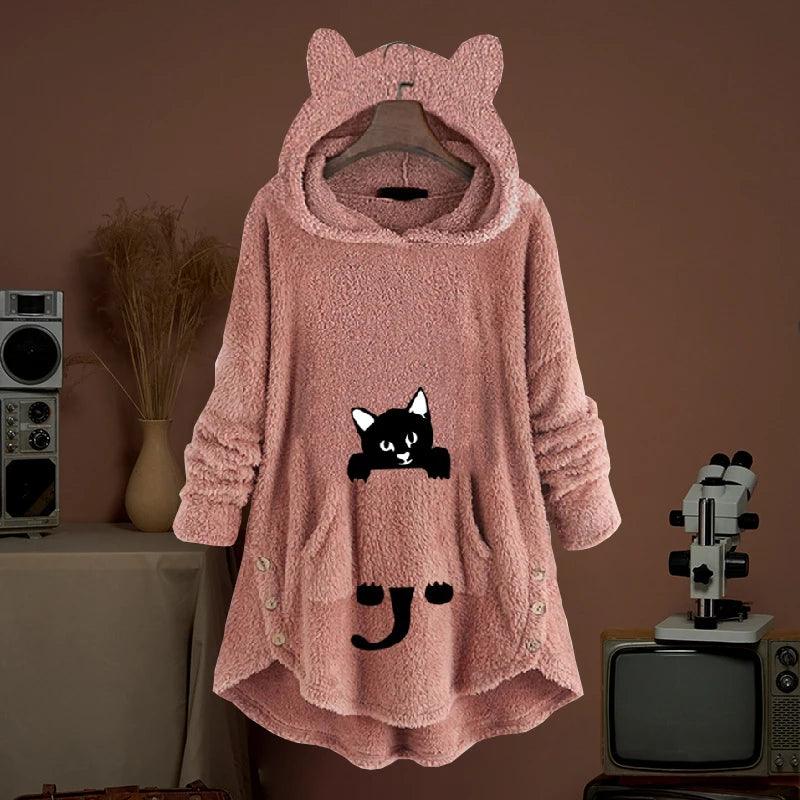 Warm Fleece Hoodies Women Winter Casual Homwears Kawaii Cat Print Loose Sweatshirts Fluffy Long Pullovers Button Hooded Shirts - Just Cats - Gifts for Cat Lovers