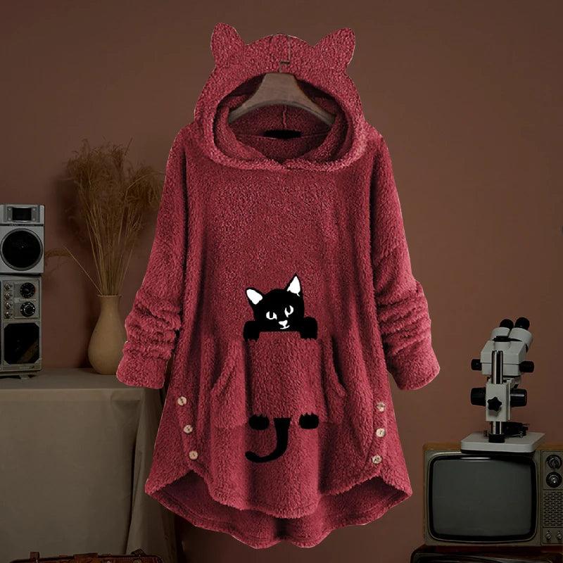 Warm Fleece Hoodies Women Winter Casual Homwears Kawaii Cat Print Loose Sweatshirts Fluffy Long Pullovers Button Hooded Shirts - Just Cats - Gifts for Cat Lovers