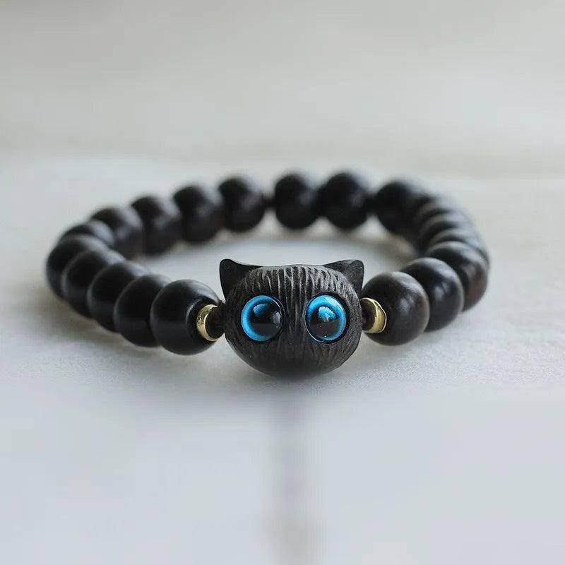 Wooden Black Anime Cat Beaded Bracelet - Just Cats - Gifts for Cat Lovers