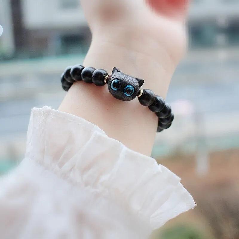 Wooden Black Anime Cat Beaded Bracelet - Just Cats - Gifts for Cat Lovers