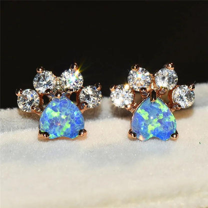 Zirconia and Opal Rose Gold Paw Print Stud Earrings, 6 colors - Just Cats - Gifts for Cat Lovers