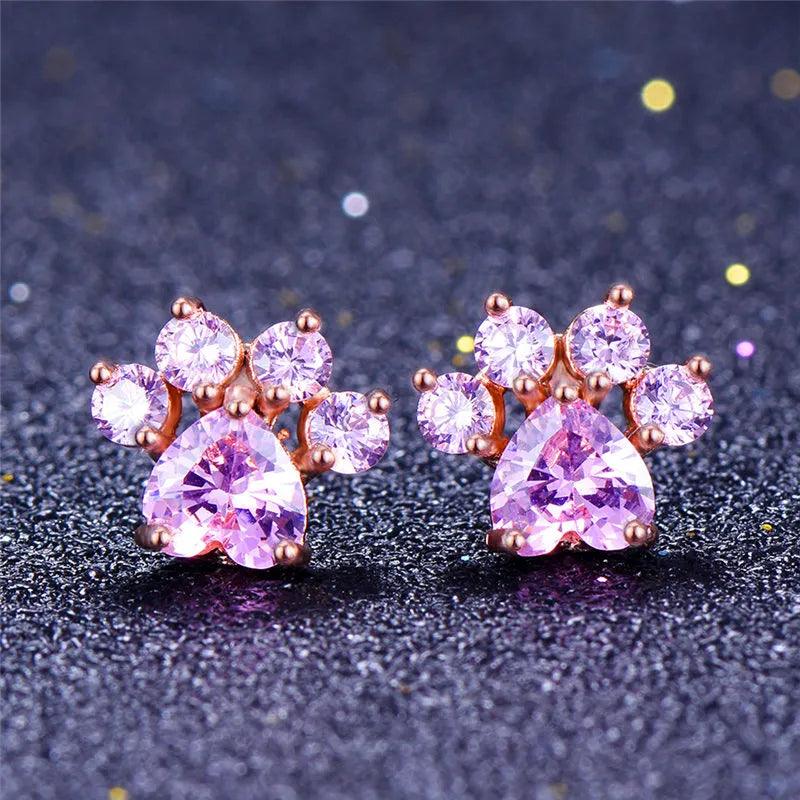 Zirconia and Opal Rose Gold Paw Print Stud Earrings, 6 colors - Just Cats - Gifts for Cat Lovers