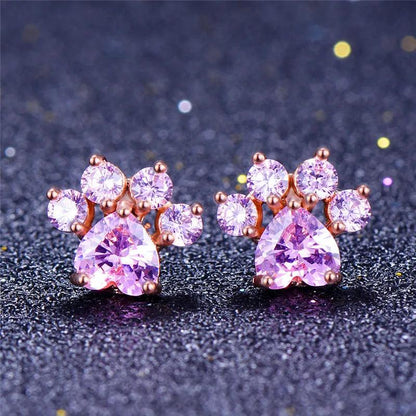 Zirconia and Opal Rose Gold Paw Print Stud Earrings, 6 colors - Just Cats - Gifts for Cat Lovers