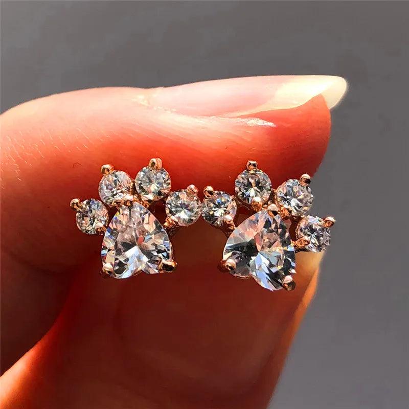 Zirconia and Opal Rose Gold Paw Print Stud Earrings, 6 colors - Just Cats - Gifts for Cat Lovers