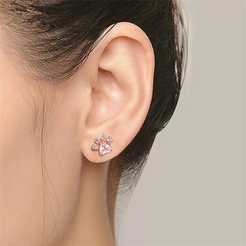 Zirconia Paw Print Stud Earrings, Pink - Just Cats - Gifts for Cat Lovers